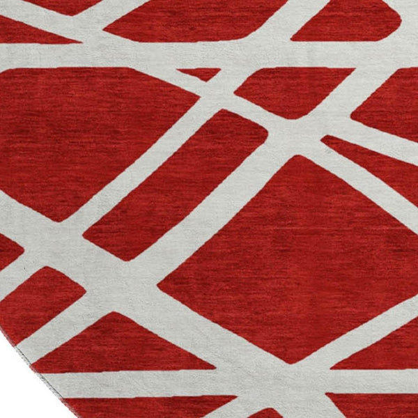 HomeRoots 8' Red and Ivory Geometric Round Rug - Durable, Washable, UV-Protected, Perfect for Busy Homes! 681638