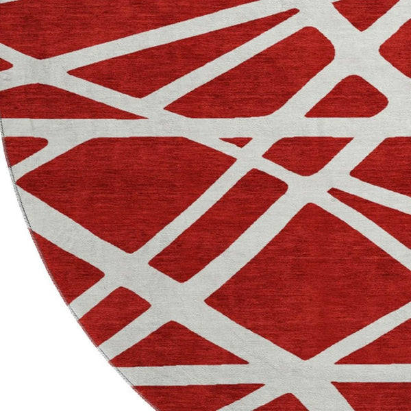 HomeRoots 8' Red and Ivory Geometric Round Rug - Durable, Washable, UV-Protected, Perfect for Busy Homes! 681638