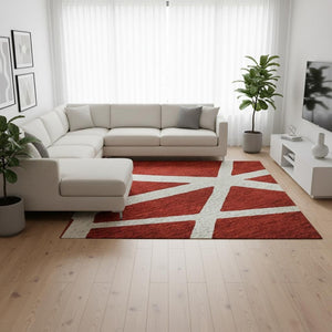 HomeRoots 9' X 12' Red and Ivory Geometric Area Rug - Stain-Resistant, Washable, UV Protected for Modern Homes 681640