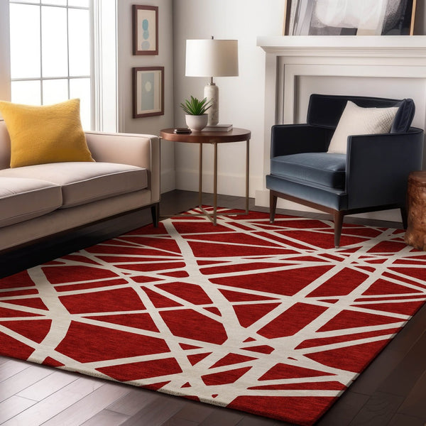 HomeRoots 9' X 12' Red and Ivory Geometric Area Rug - Stain-Resistant, Washable, UV Protected for Modern Homes 681640