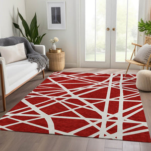 HomeRoots 9' X 12' Red and Ivory Geometric Area Rug - Stain-Resistant, Washable, UV Protected for Modern Homes 681640