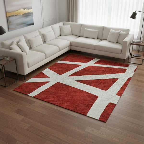 HomeRoots 10' Red and Ivory Geometric Washable Area Rug - Durable, UV-Protected, Stain-Resistant Design for Homes 681641