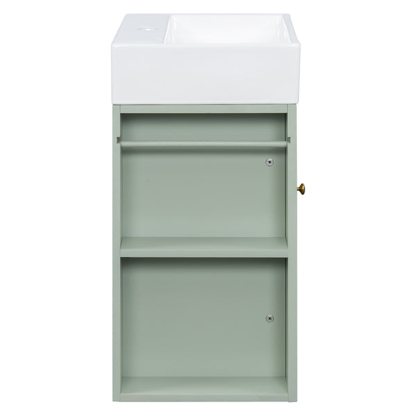 English Elm 20 Modern Wall-Mounted Bathroom Vanity with Ceramic Sink, Diamond Door, Gold Handles & Shelves — Compact Green N725P314033F