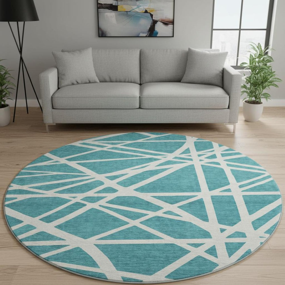 HomeRoots 8' Teal And Ivory Geometric Washable Round Rug – Durable, Stylish, and UV-Protected for Modern Homes 681644