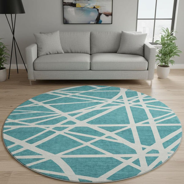 HomeRoots 8' Teal And Ivory Geometric Washable Round Rug – Durable, Stylish, and UV-Protected for Modern Homes 681644
