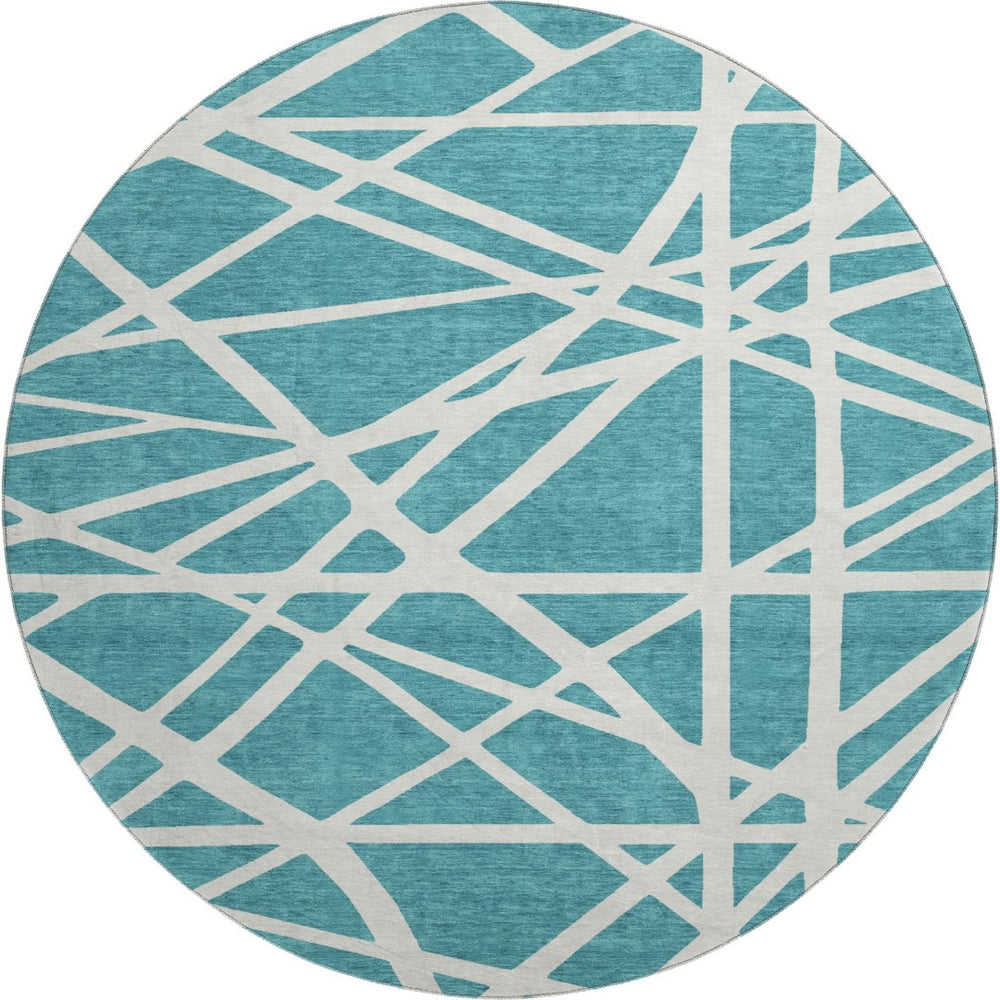 HomeRoots 8' Teal And Ivory Geometric Washable Round Rug – Durable, Stylish, and UV-Protected for Modern Homes 681644