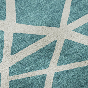 HomeRoots 8' Teal And Ivory Geometric Washable Round Rug – Durable, Stylish, and UV-Protected for Modern Homes 681644