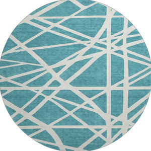 HomeRoots 8' Teal And Ivory Geometric Washable Round Rug – Durable, Stylish, and UV-Protected for Modern Homes 681644