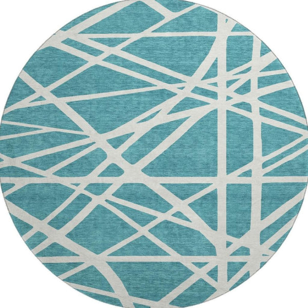 HomeRoots 8' Teal And Ivory Geometric Washable Round Rug – Durable, Stylish, and UV-Protected for Modern Homes 681644