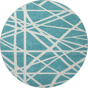 HomeRoots 8' Teal And Ivory Geometric Washable Round Rug – Durable, Stylish, and UV-Protected for Modern Homes 681644