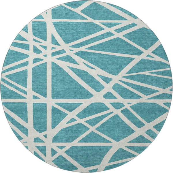 HomeRoots 8' Teal And Ivory Geometric Washable Round Rug – Durable, Stylish, and UV-Protected for Modern Homes 681644
