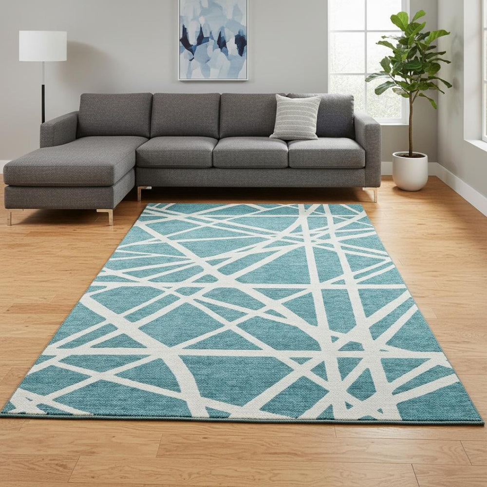 HomeRoots 8' X 10' Stylish Teal and Ivory Geometric Washable Area Rug with UV Protection for High-Traffic Areas 681645