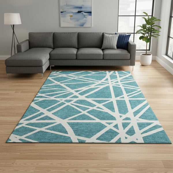 HomeRoots 9' X 12' Teal and Ivory Geometric Area Rug – Washable, UV-Protected, Stylish for Homes with Pets! 681646