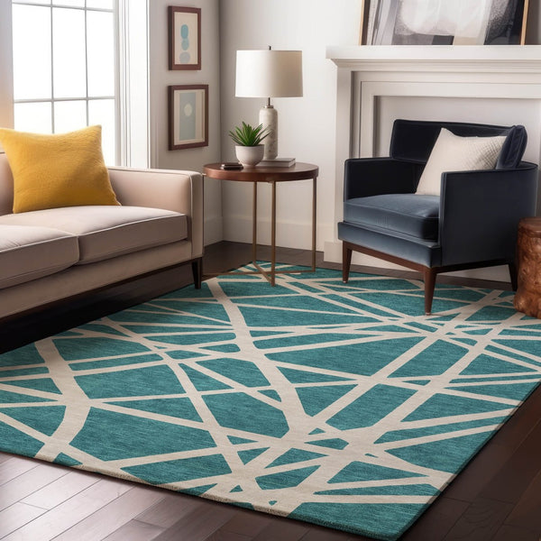 HomeRoots 9' X 12' Teal and Ivory Geometric Area Rug – Washable, UV-Protected, Stylish for Homes with Pets! 681646
