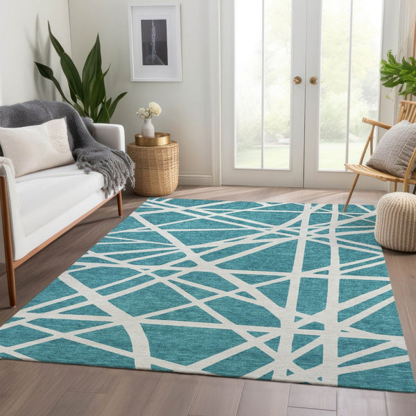 HomeRoots 9' X 12' Teal and Ivory Geometric Area Rug – Washable, UV-Protected, Stylish for Homes with Pets! 681646