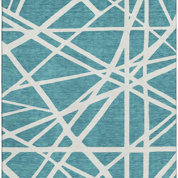HomeRoots 9' X 12' Teal and Ivory Geometric Area Rug – Washable, UV-Protected, Stylish for Homes with Pets! 681646