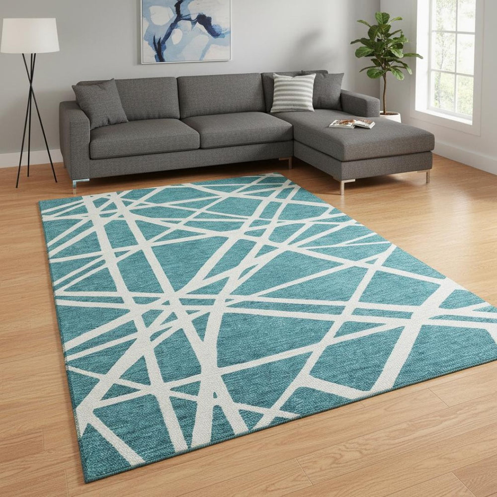 HomeRoots 10' X 14' Teal Geometric Washable Area Rug - UV Protected, Stain Resistant, Perfect for High-Traffic Spaces 681647