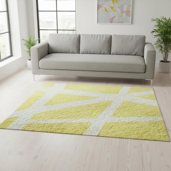 HomeRoots 5' X 8' Stylish Yellow & Ivory Geometric Washable Area Rug – Stain Resistant & UV Protected Design! 681649