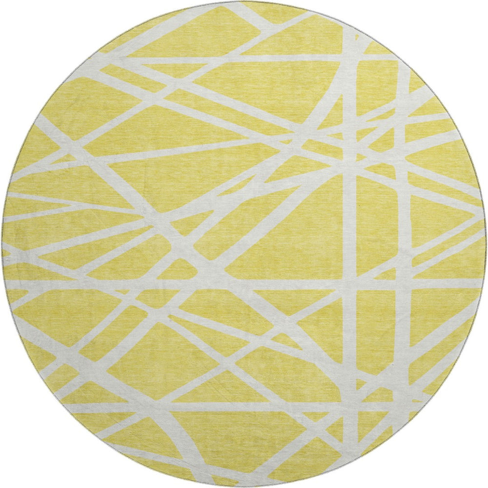 HomeRoots 8' Yellow and Ivory Geometric Round Rug - Washable, UV-Protected, Stylish & Durable for Any Space! 681650