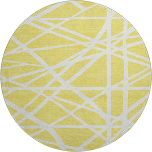 HomeRoots 8' Yellow and Ivory Geometric Round Rug - Washable, UV-Protected, Stylish & Durable for Any Space! 681650