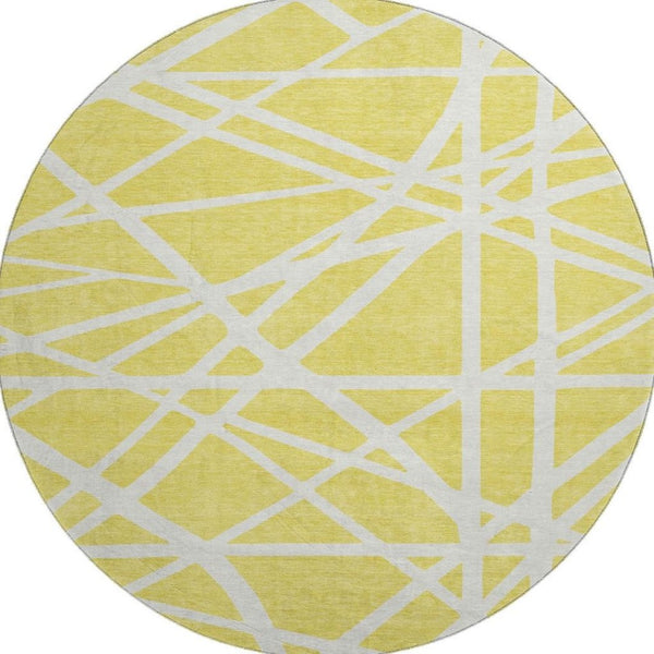 HomeRoots 8' Yellow and Ivory Geometric Round Rug - Washable, UV-Protected, Stylish & Durable for Any Space! 681650