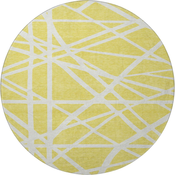 HomeRoots 8' Yellow and Ivory Geometric Round Rug - Washable, UV-Protected, Stylish & Durable for Any Space! 681650