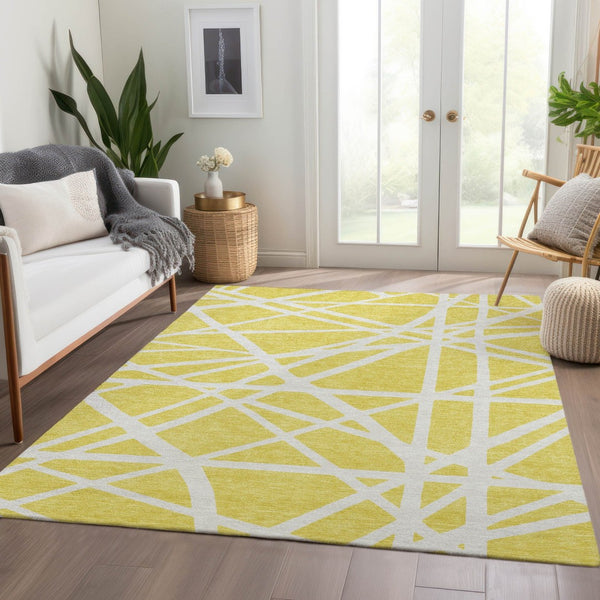 HomeRoots 9' X 12' Vibrant Yellow & Ivory Geometric Area Rug - UV Protected, Stain-Resistant, Easy Care Design 681652