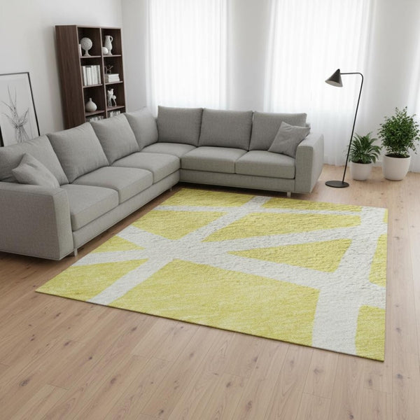 HomeRoots 10' Yellow and Ivory Geometric Washable Area Rug - UV Protected, Soft, Stain-Resistant, Durable Design 681653