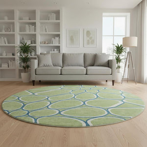 HomeRoots 8' Geometric Washable Round Rug in Artichoke Green, Ivory & Blue – UV Protected, Stain Resistant, Durable 681656