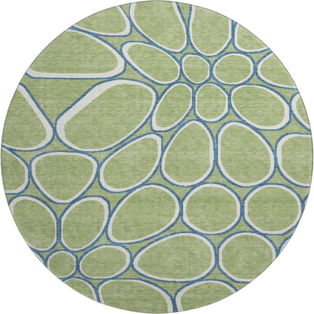 HomeRoots 8' Geometric Washable Round Rug in Artichoke Green, Ivory & Blue – UV Protected, Stain Resistant, Durable 681656