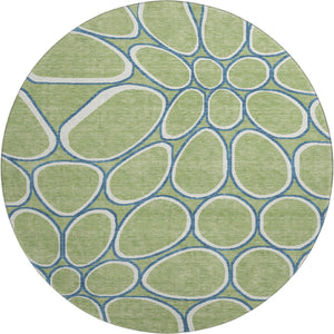 HomeRoots 8' Geometric Washable Round Rug in Artichoke Green, Ivory & Blue – UV Protected, Stain Resistant, Durable 681656
