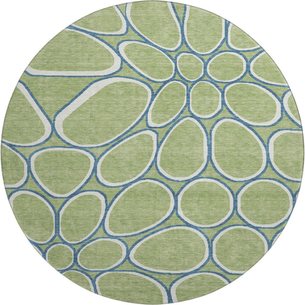 HomeRoots 8' Geometric Washable Round Rug in Artichoke Green, Ivory & Blue – UV Protected, Stain Resistant, Durable 681656