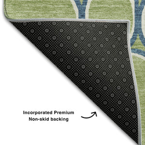 HomeRoots 8' Geometric Washable Round Rug in Artichoke Green, Ivory & Blue – UV Protected, Stain Resistant, Durable 681656