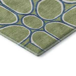 HomeRoots 8' Geometric Washable Round Rug in Artichoke Green, Ivory & Blue – UV Protected, Stain Resistant, Durable 681656