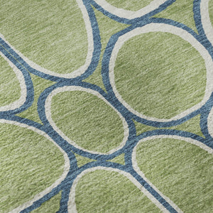 HomeRoots 8' Geometric Washable Round Rug in Artichoke Green, Ivory & Blue – UV Protected, Stain Resistant, Durable 681656