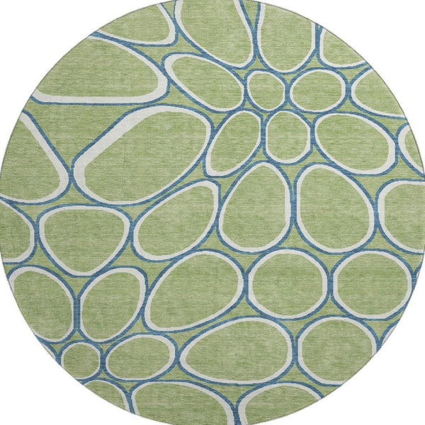 HomeRoots 8' Geometric Washable Round Rug in Artichoke Green, Ivory & Blue – UV Protected, Stain Resistant, Durable 681656