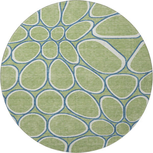 HomeRoots 8' Geometric Washable Round Rug in Artichoke Green, Ivory & Blue – UV Protected, Stain Resistant, Durable 681656