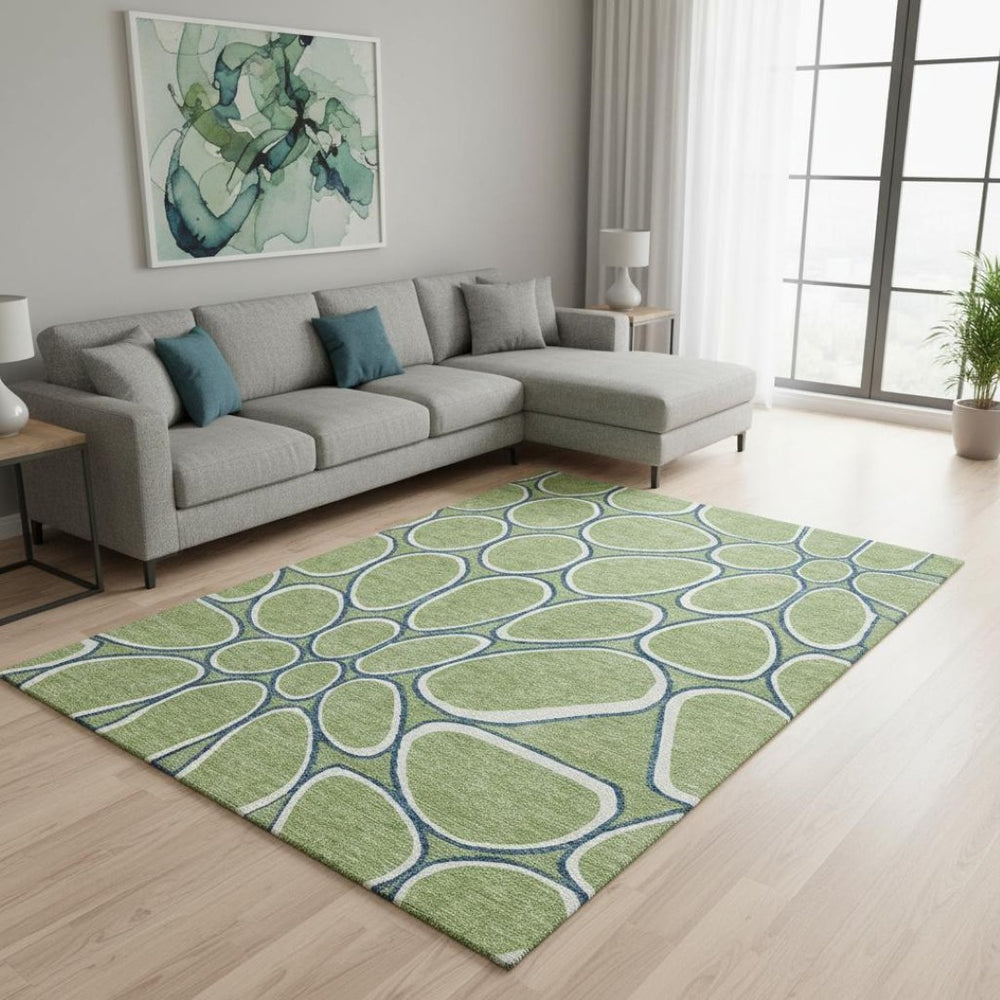 HomeRoots 10' Modern Artichoke Green Geometric Area Rug – Washable, UV Protected, Durable & Stylish Design 681659