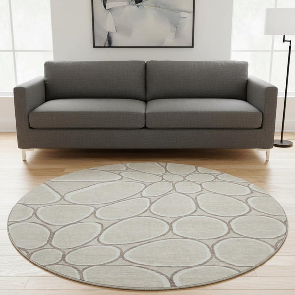 HomeRoots 8' Beige Ivory and Brown Geometric Round Rug – Washable, UV-Protected, Modern Style for Any Room 681662