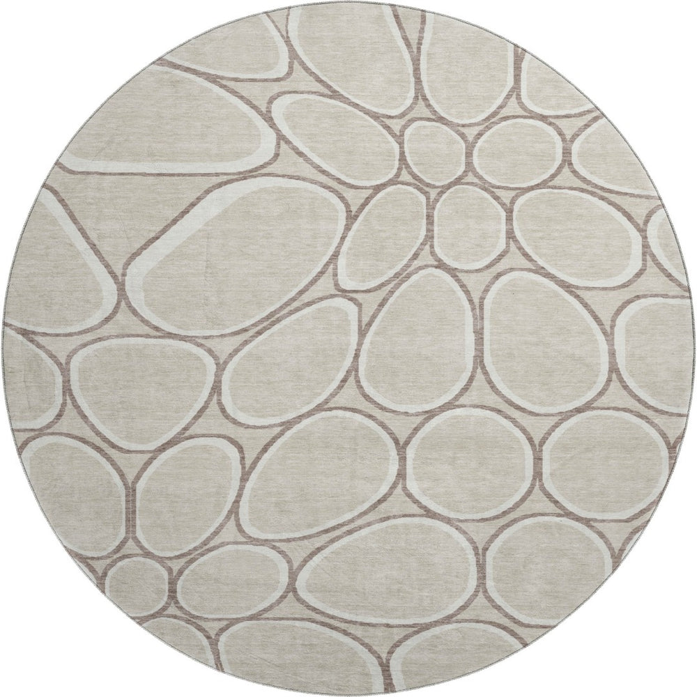 HomeRoots 8' Beige Ivory and Brown Geometric Round Rug – Washable, UV-Protected, Modern Style for Any Room 681662