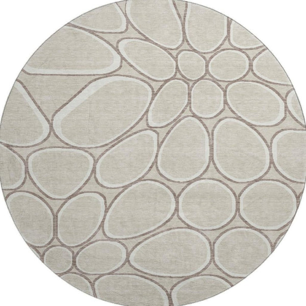 HomeRoots 8' Beige Ivory and Brown Geometric Round Rug – Washable, UV-Protected, Modern Style for Any Room 681662