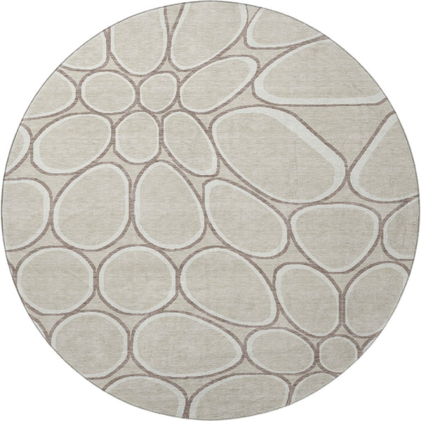 HomeRoots 8' Beige Ivory and Brown Geometric Round Rug – Washable, UV-Protected, Modern Style for Any Room 681662