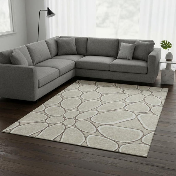 HomeRoots 9' X 12' Beige Ivory Brown Geometric Area Rug - Durable, Stain-Resistant, UV Protected for Homes 681664