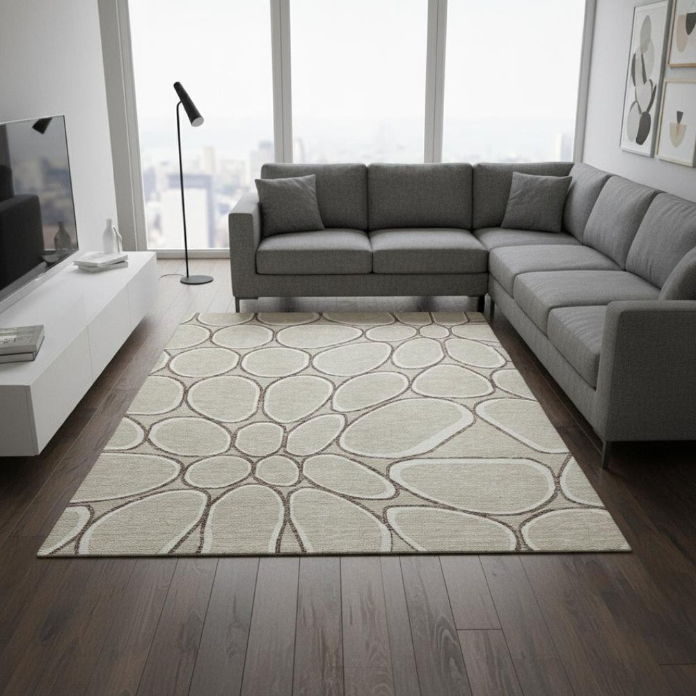HomeRoots 10' X 14' Beige Ivory Brown Geometric Area Rug - Washable, UV Protected, Family-Friendly Design! 681665