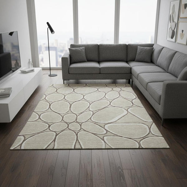 HomeRoots 10' X 14' Beige Ivory Brown Geometric Area Rug - Washable, UV Protected, Family-Friendly Design! 681665