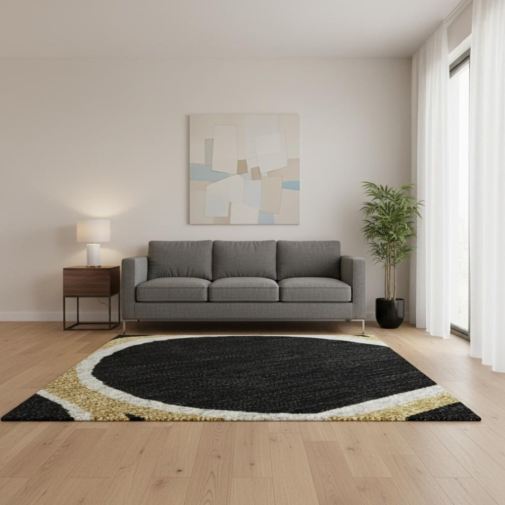 HomeRoots 5' X 8' Stylish Black Ivory Gold Geometric Washable Area Rug with UV Protection for Active Homes 681667