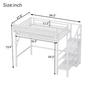 English Elm Twin Twin Size Loft Bed with Stairs and Built-In Shelves, Metal High Loft with Wardrobe for Kids Teens White W2580S00036