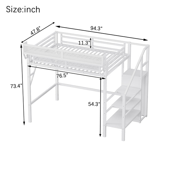 English Elm Twin Twin Size Loft Bed with Stairs and Built-In Shelves, Metal High Loft with Wardrobe for Kids Teens White W2580S00036