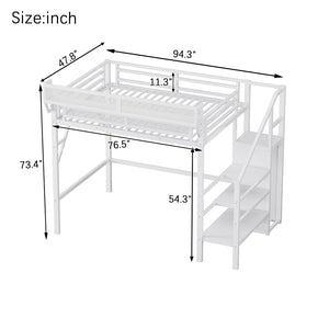 English Elm Twin Metal High Loft Bed with Staircase Storage Wardrobe for Kids and Teens White W2580S00061