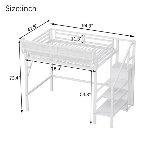English Elm Twin Metal High Loft Bed with Staircase Storage Wardrobe for Kids and Teens White W2580S00061